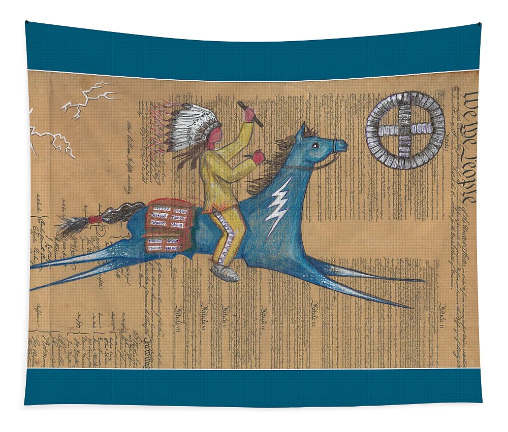 Ledger Art Tapestry featuring the drawing Blue Pony on Constitution by Robert Running Fisher Upham