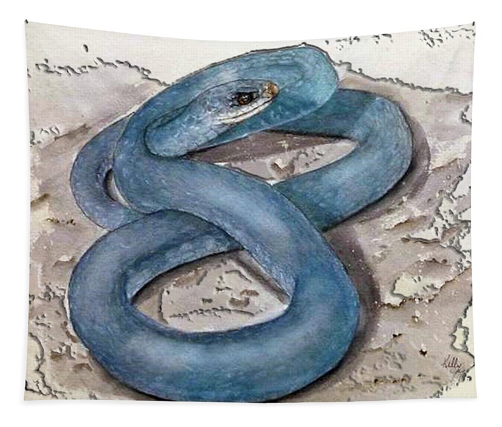 Blue Racer Snake Tapestry featuring the painting Blue Racer Snake by Kelly Mills
