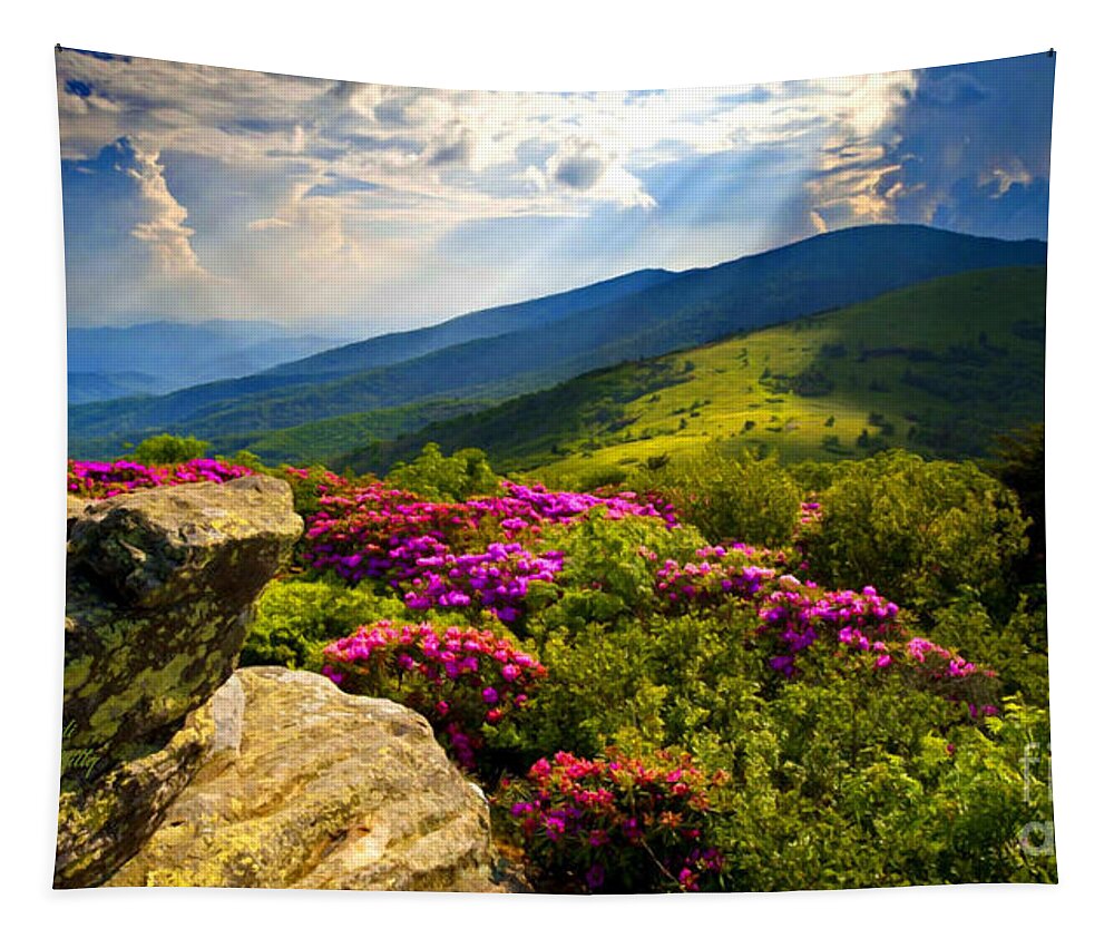 Blue Ridge Parkway Tapestry featuring the mixed media Blue Ridge Parkway Catawba Rhododendrons by Sandi OReilly