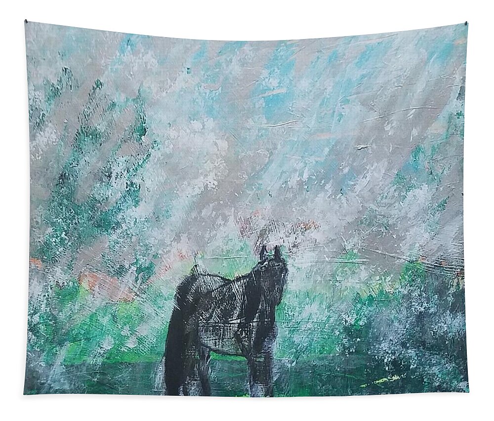  Tapestry featuring the painting The Blue Roan Horse in Rain by Mark SanSouci