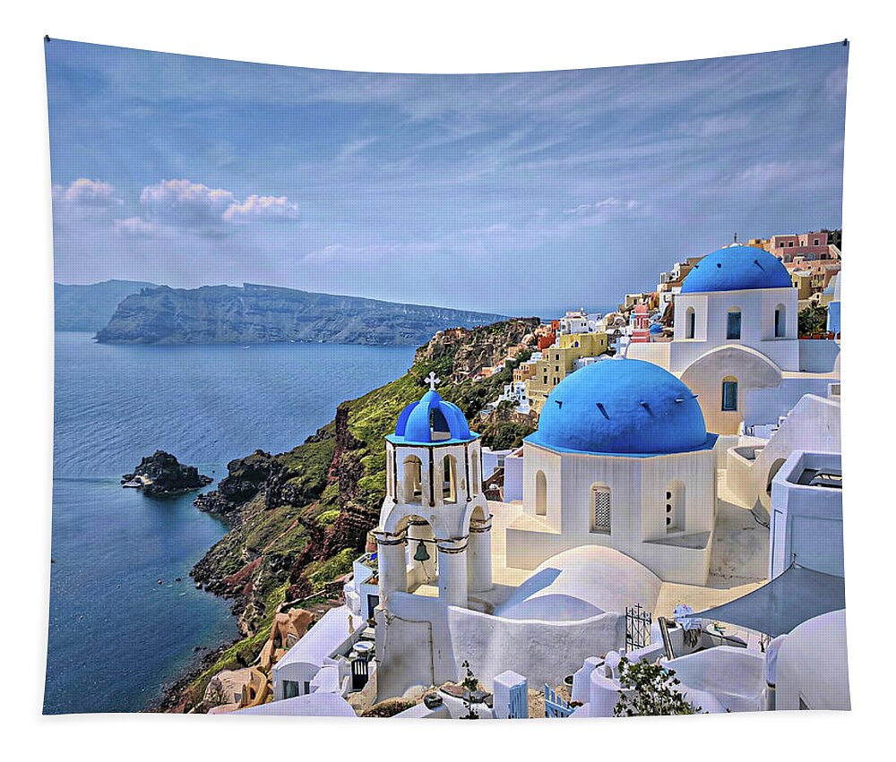 Oia Tapestry featuring the photograph Blue Roofs of Oia Santorini by Yvonne Jasinski