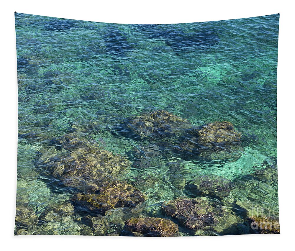 Sea Water Tapestry featuring the photograph Blue sea water, rocks and gentle waves 1 by Adriana Mueller
