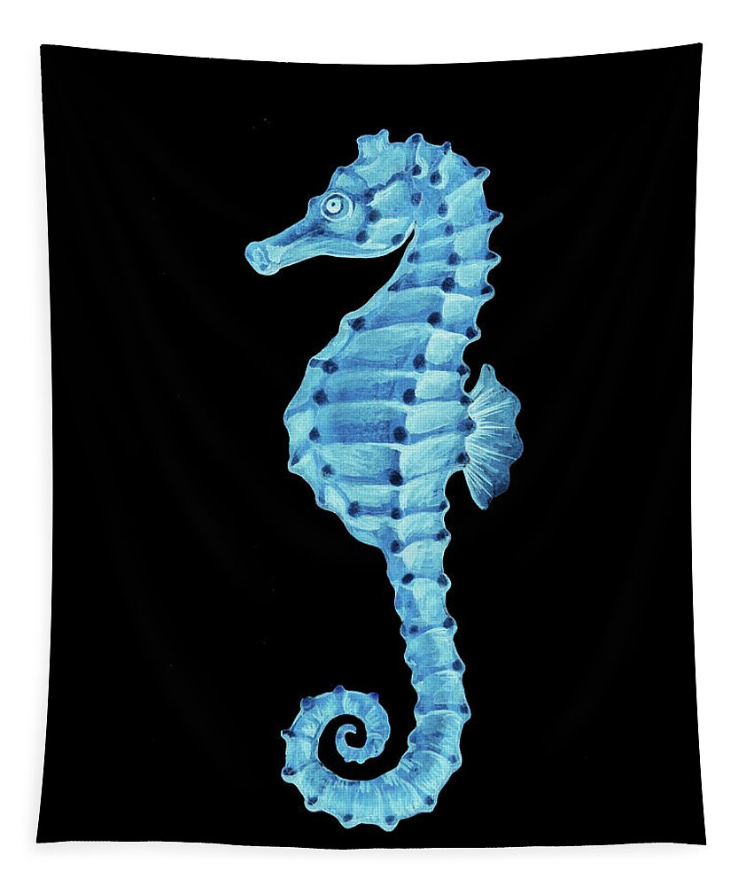 Seahorse Tapestry featuring the painting Blue Seahorse On Black by Irina Sztukowski