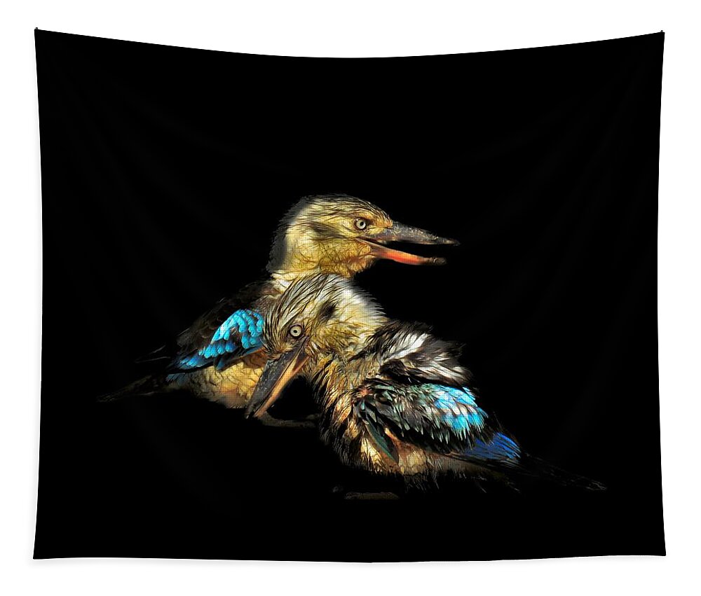 Portrait Tapestry featuring the photograph Blue Winged Kookaburras On Black by Joan Stratton