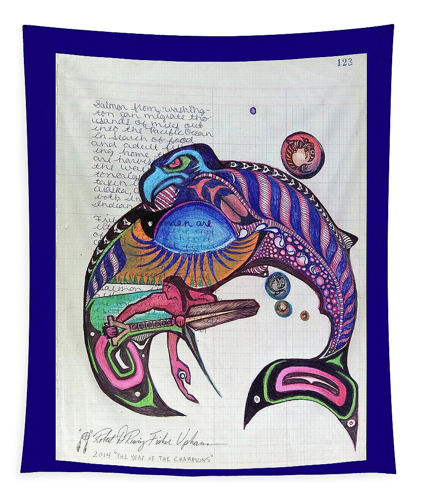 Quinault Nation Tapestry featuring the drawing Blueback Salmon by Robert Running Fisher Upham