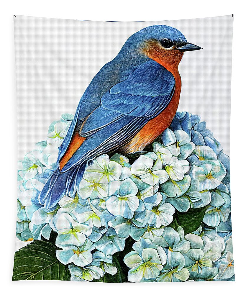 Bluebird Tapestry featuring the painting Bluebird In The Hydrangea Blossom by Tina LeCour