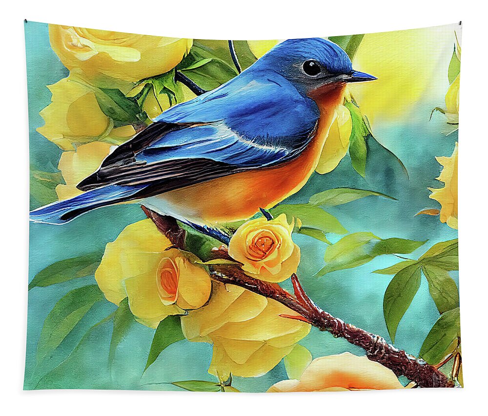 Eastern Bluebird Tapestry featuring the painting Bluebird In The Yellow Roses by Tina LeCour