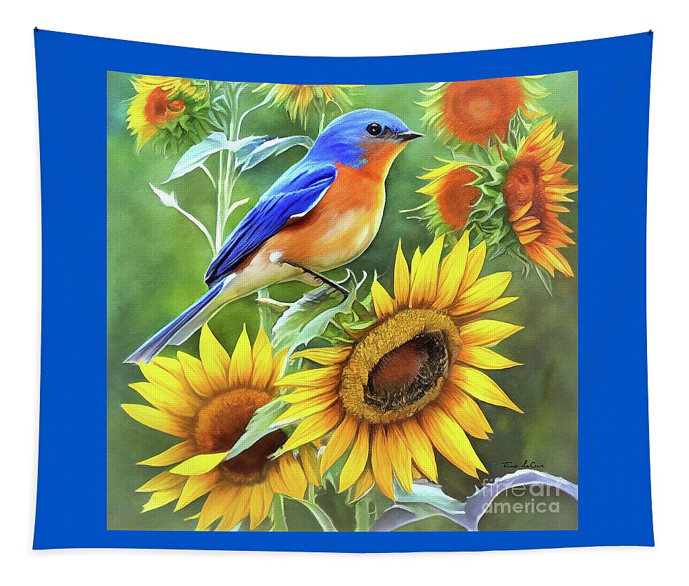 Bluebird Tapestry featuring the painting Bluebird Perched On The Sunflowers by Tina LeCour
