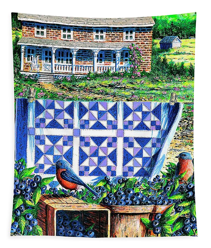 Blueberries Tapestry featuring the painting Bluebirds and Blueberries by Diane Phalen
