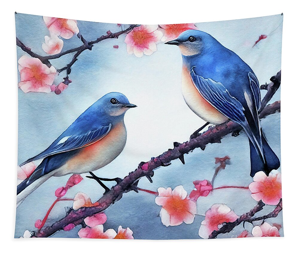 Bluebirds Tapestry featuring the painting Bluebirds Perched In The Blossoms by Tina LeCour