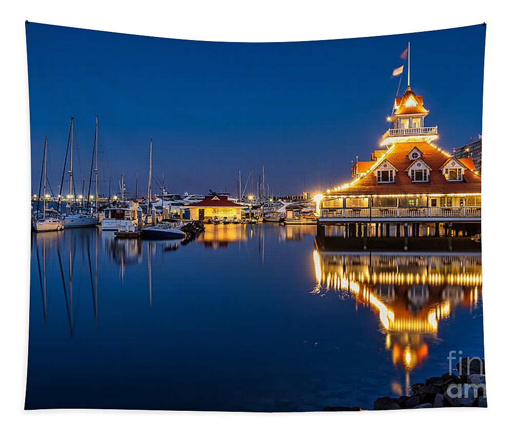 America Tapestry featuring the photograph Bluewater Boathouse at Blue Hour by Sam Antonio