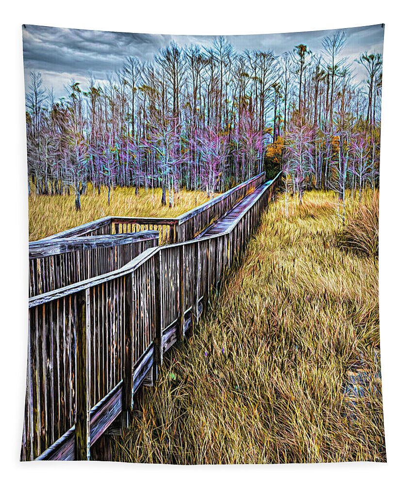 Clouds Tapestry featuring the photograph Boardwalk over the Marsh Painting by Debra and Dave Vanderlaan