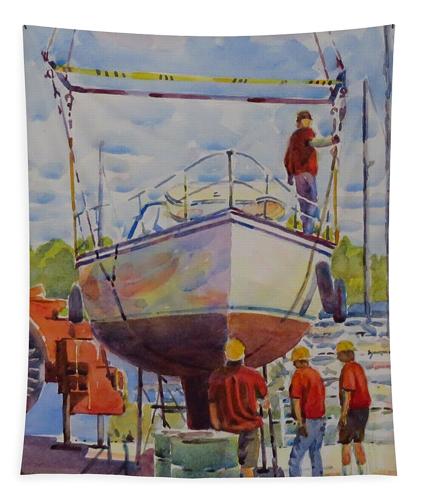 Collins Bay Yacht Club Tapestry featuring the painting Boat in Lifting Straps by David Gilmore