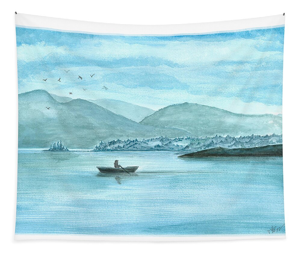 Landscape Tapestry featuring the painting Boat ride at dawn by Tatiana Fess