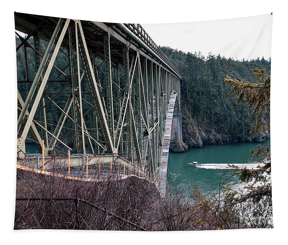 Deception Pass Tapestry featuring the photograph Boat Under Deception Pass Bridge by Sea Change Vibes