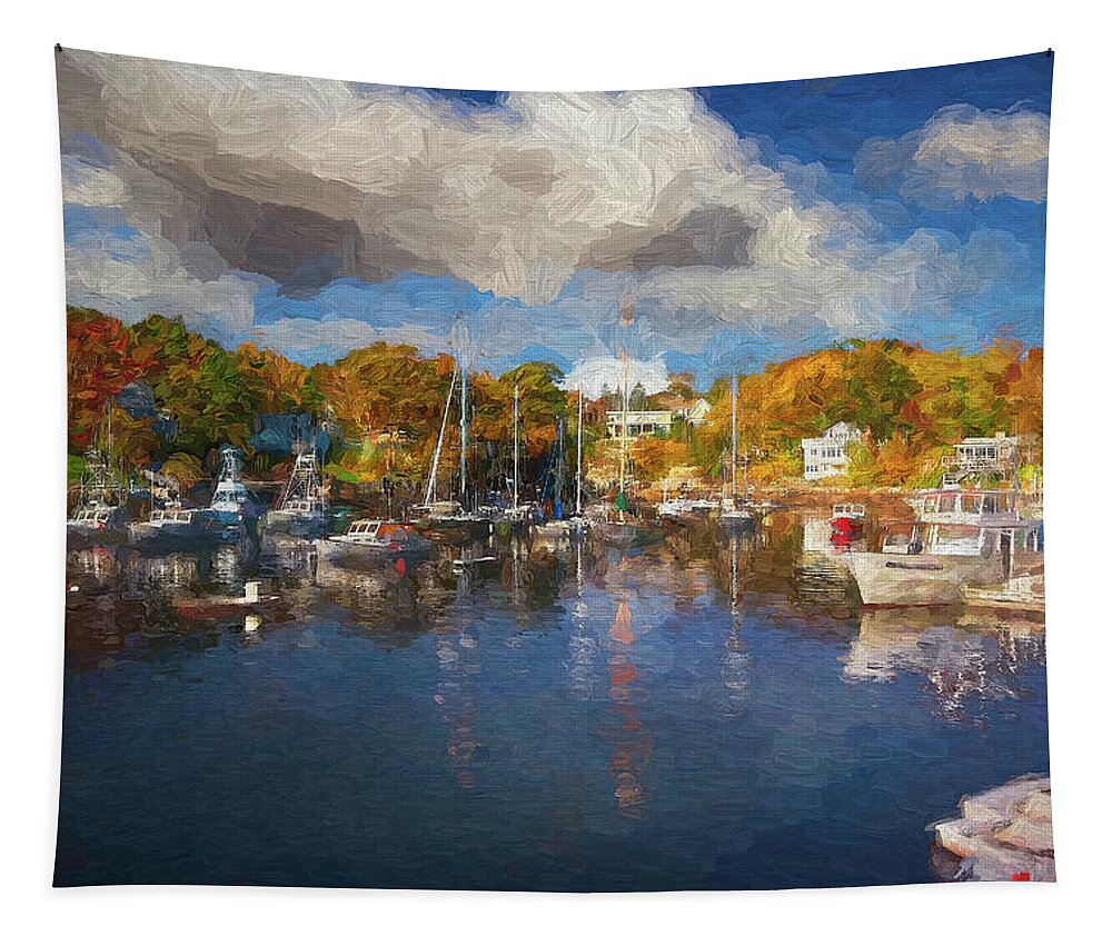 Maine Tapestry featuring the digital art Boats in Maine II by Jon Glaser