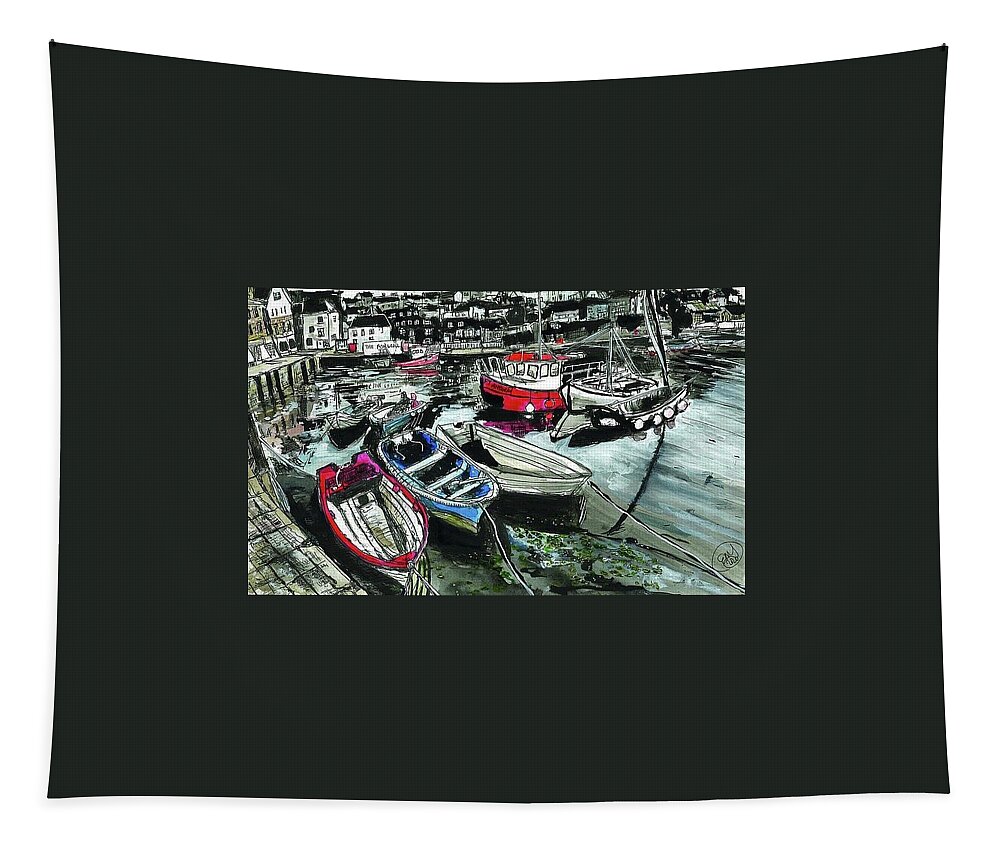 Ink Brush And Line Painting Tapestry featuring the painting Boats in the Harbor by Eileen Backman