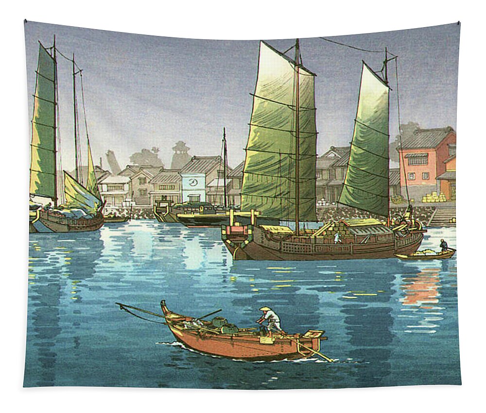 Japan Tapestry featuring the digital art Boats on Akashi Bay by Long Shot