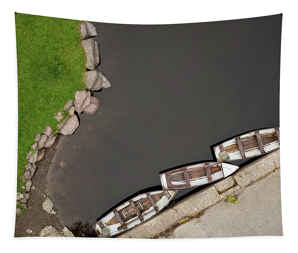 Minimal Tapestry featuring the photograph Drone aerial of Boats on the river in a lake by Michalakis Ppalis