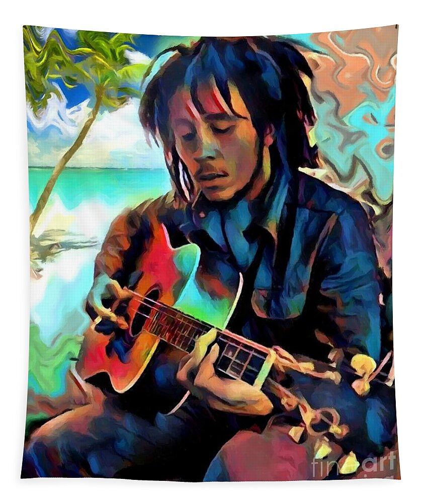 Bob Marley Art Tapestry featuring the mixed media Bob Marley on the beach by Carl Gouveia
