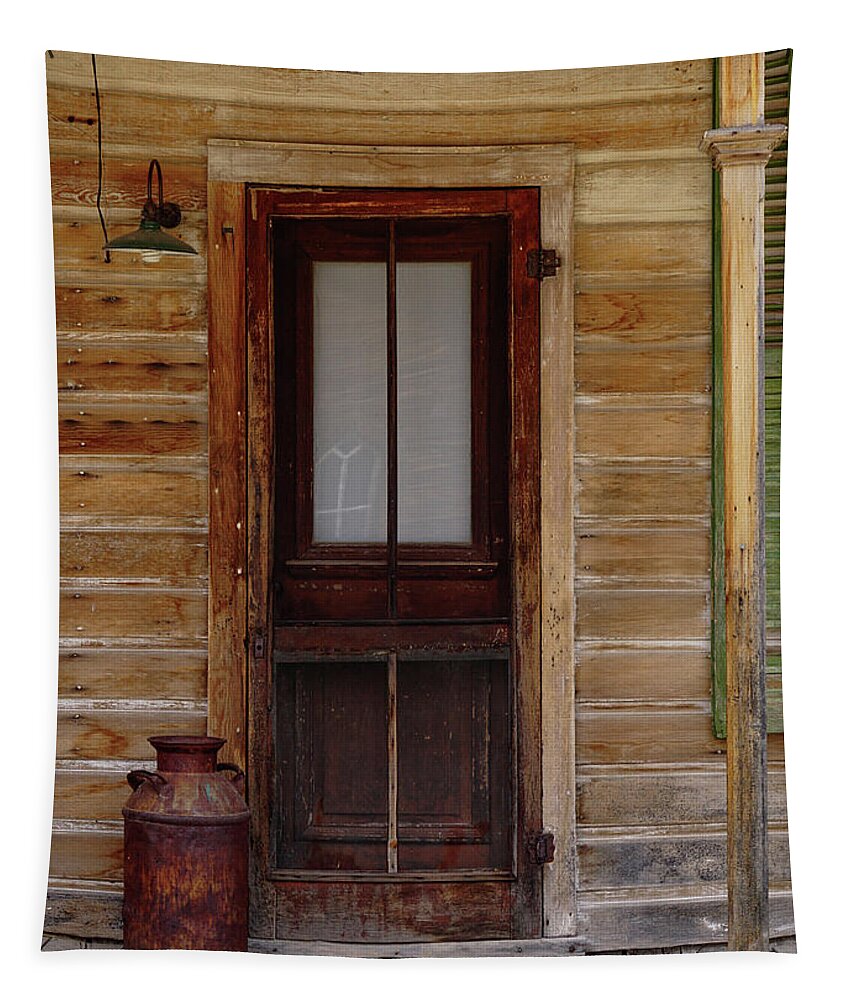 Bodie State Historic Park Tapestry featuring the photograph Bodie Door With Milk Can by Brett Harvey