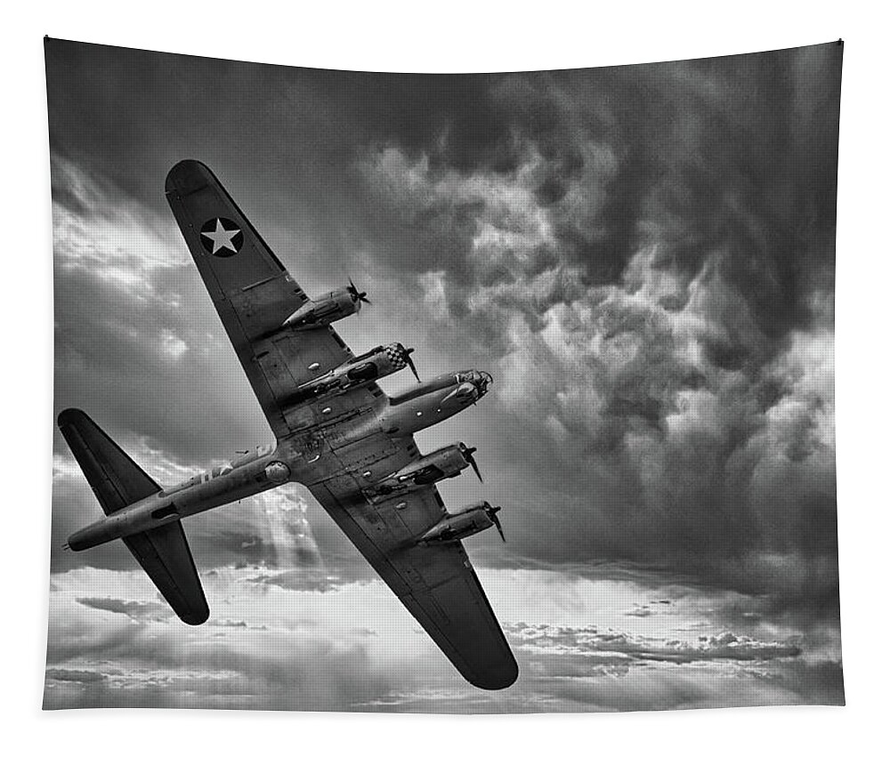 Usa Tapestry featuring the photograph Boeing B-17 Flying Fortress, World War 2 Bomber Aircraft Black and White by Rick Deacon