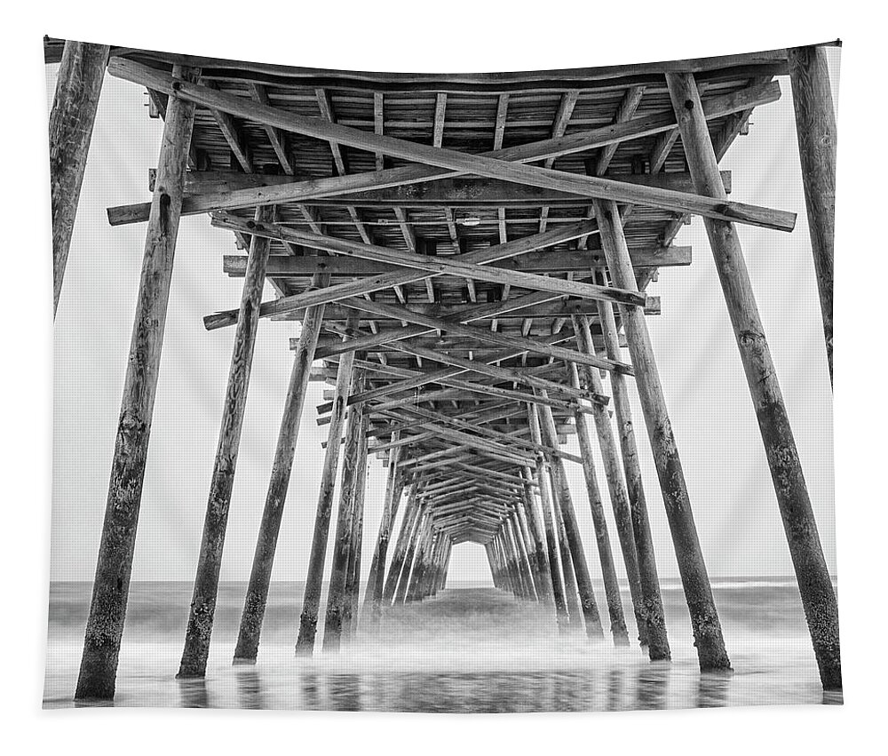 Bogue Inlet Tapestry featuring the photograph Bogue Inlet Fishing Pier on a Foggy Evening by Bob Decker