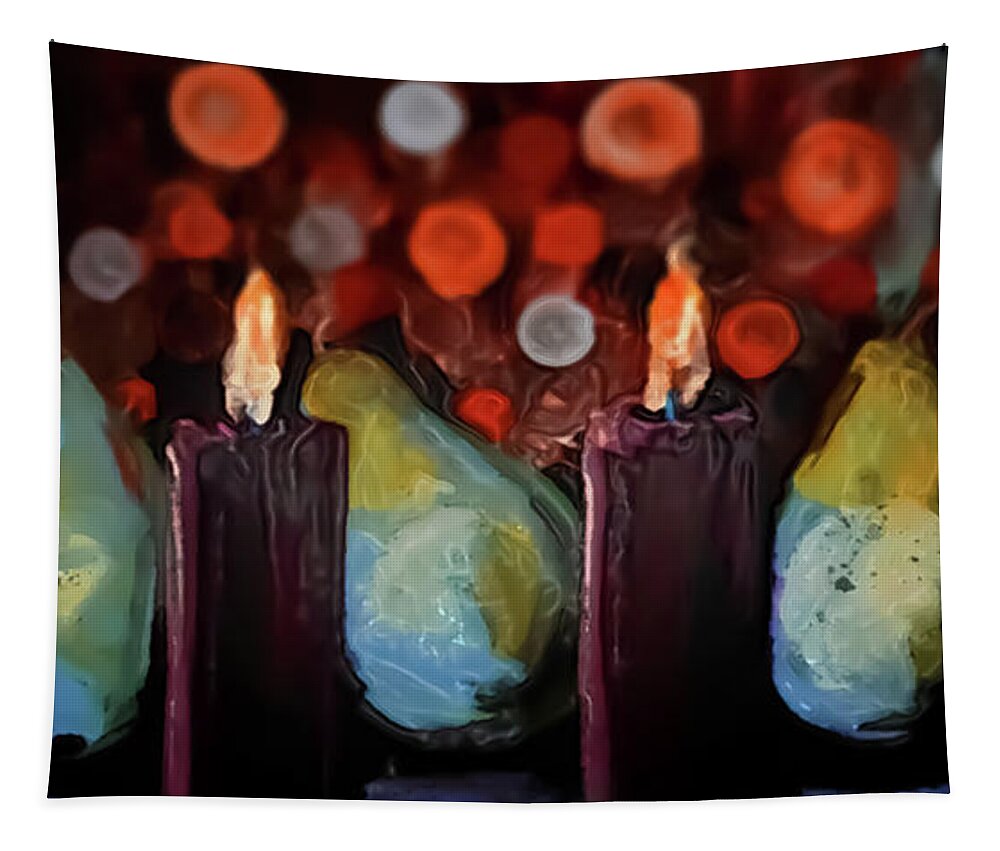 Candles Tapestry featuring the painting Bokeh Light Candles And Pears by Lisa Kaiser