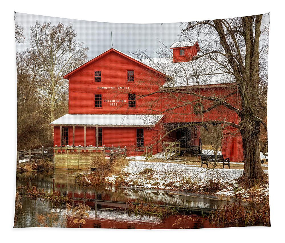 Grist Mill Tapestry featuring the photograph Bonneyville Mills First Snow by Susan Rissi Tregoning
