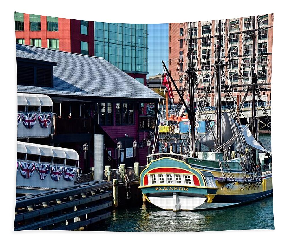 Boston Tapestry featuring the photograph Boston Harbor Daytime tea Party Museum by Frozen in Time Fine Art Photography