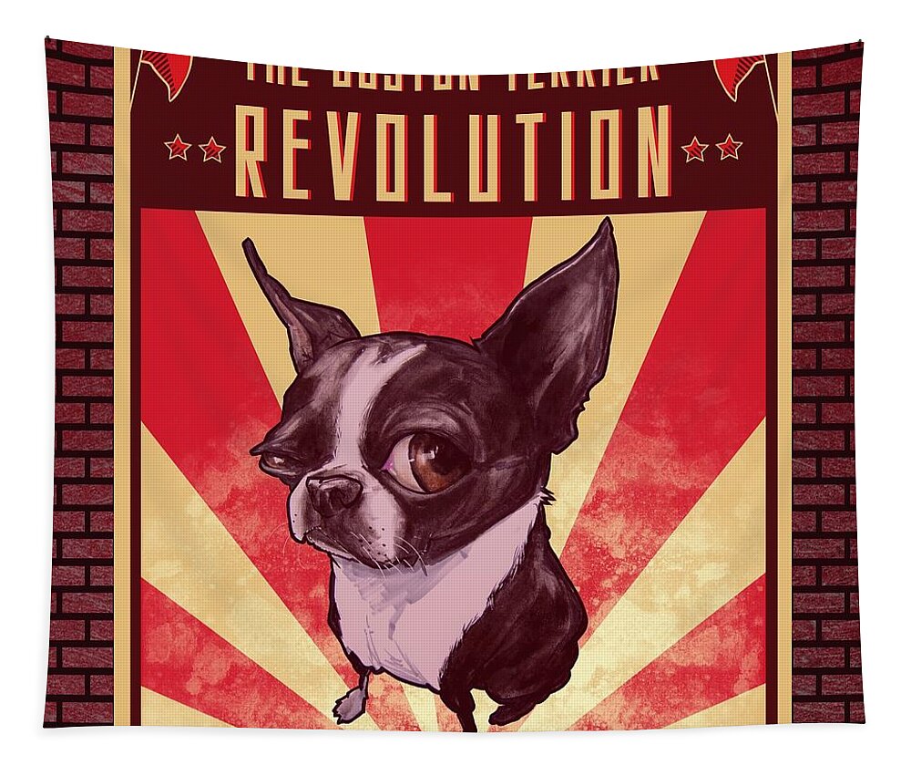 Boston Terrier Tapestry featuring the drawing Boston Terrier REVOLUTION by John LaFree