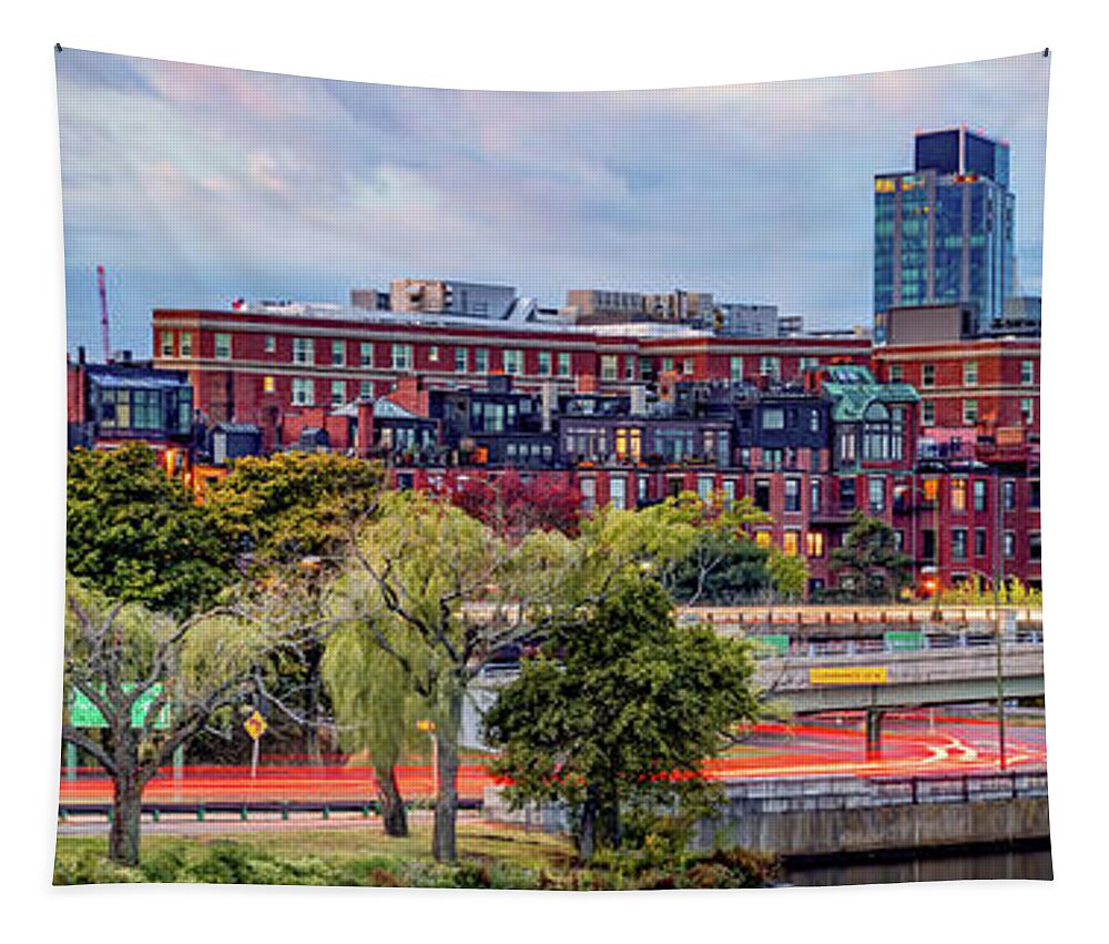 Boston Skyline Tapestry featuring the photograph Boston's Citgo Sign Over Kenmore Square Panorama by Gregory Ballos