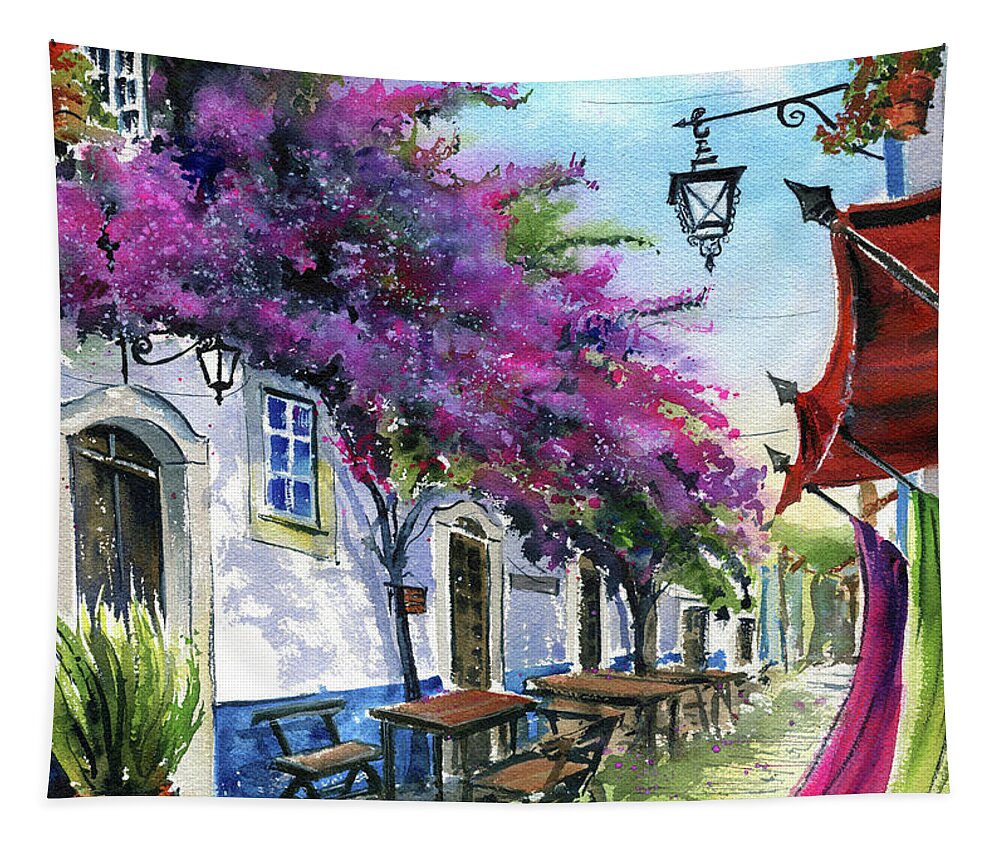 Obidos Tapestry featuring the painting Bougainvillea in Obidos Portugal by Dora Hathazi Mendes
