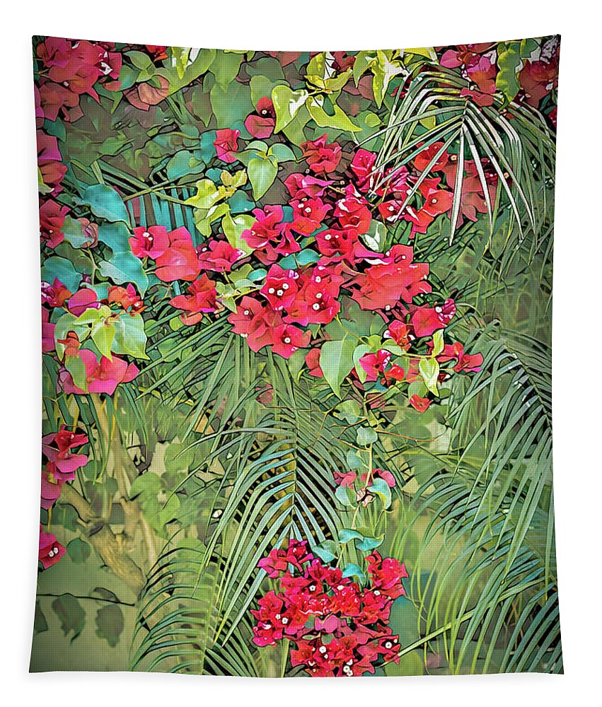 Bougainvillea Tapestry featuring the photograph Bougainvillea with Palm Fronds-2 by Roslyn Wilkins