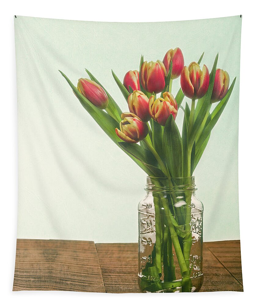 Agriculture Tapestry featuring the photograph Bouquet of tulips in a mason jar by John Trax