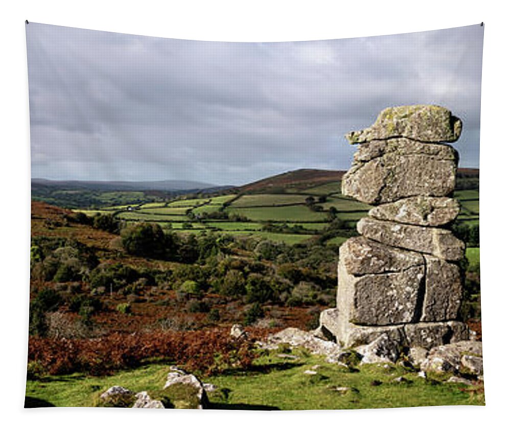 Devon Tapestry featuring the photograph Bowermans nose tor dartmoor national park devon panorama by Sonny Ryse