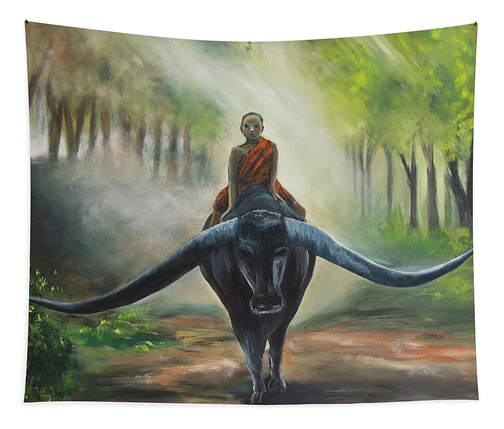 Water Buffalo Tapestry featuring the painting Boy and Water Buffalo by Evelyn Snyder