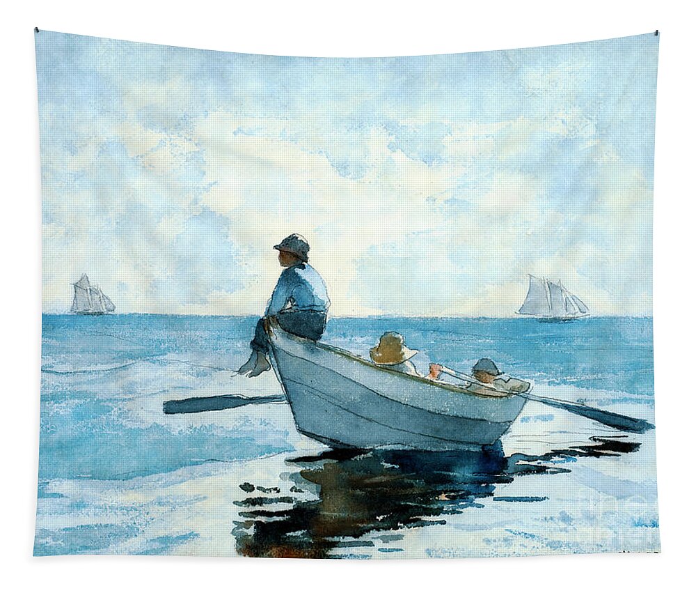 Boys In A Dory Tapestry featuring the photograph Boys in a Dory by Winslow Homer by Carlos Diaz
