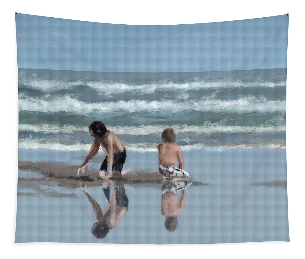 Beach Tapestry featuring the digital art Boys In The Sand by Larry Whitler