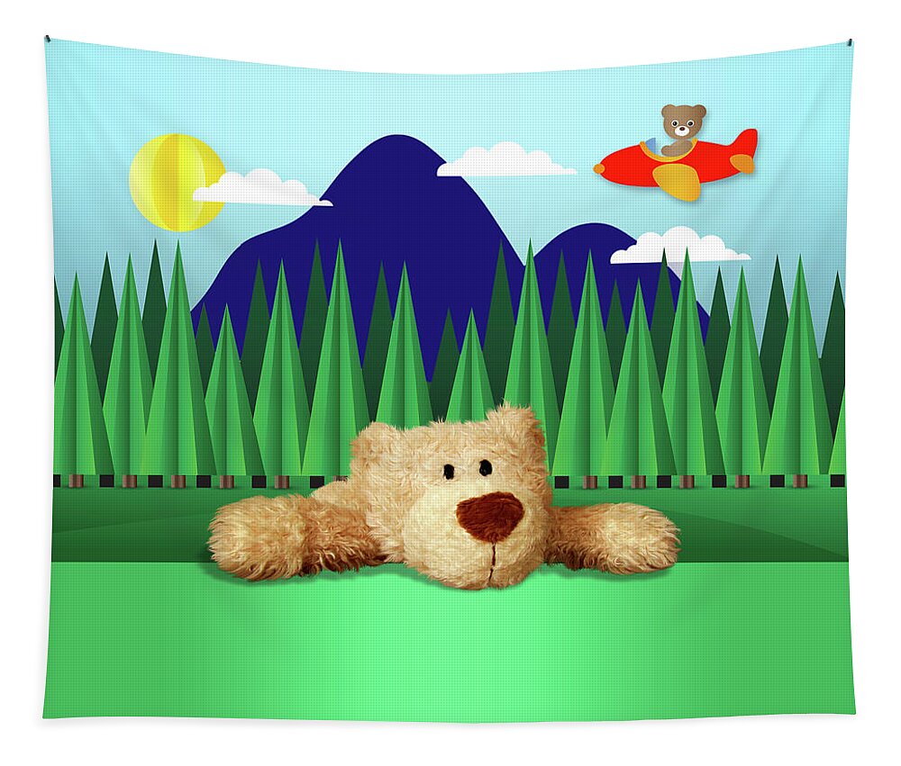Miss You Tapestry featuring the digital art Boys Teddy Bear and Airplane by Doreen Erhardt