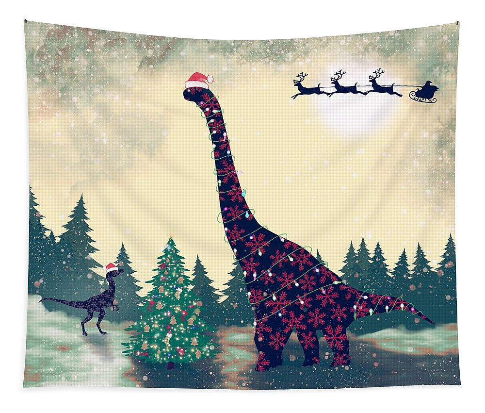 Christmas Tapestry featuring the digital art Brontosaurus and Velociraptor Christmas by Anastasiya Malakhova