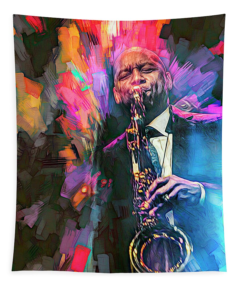 Branford Marsalis Tapestry featuring the mixed media Branford Marsalis Musician by Mal Bray