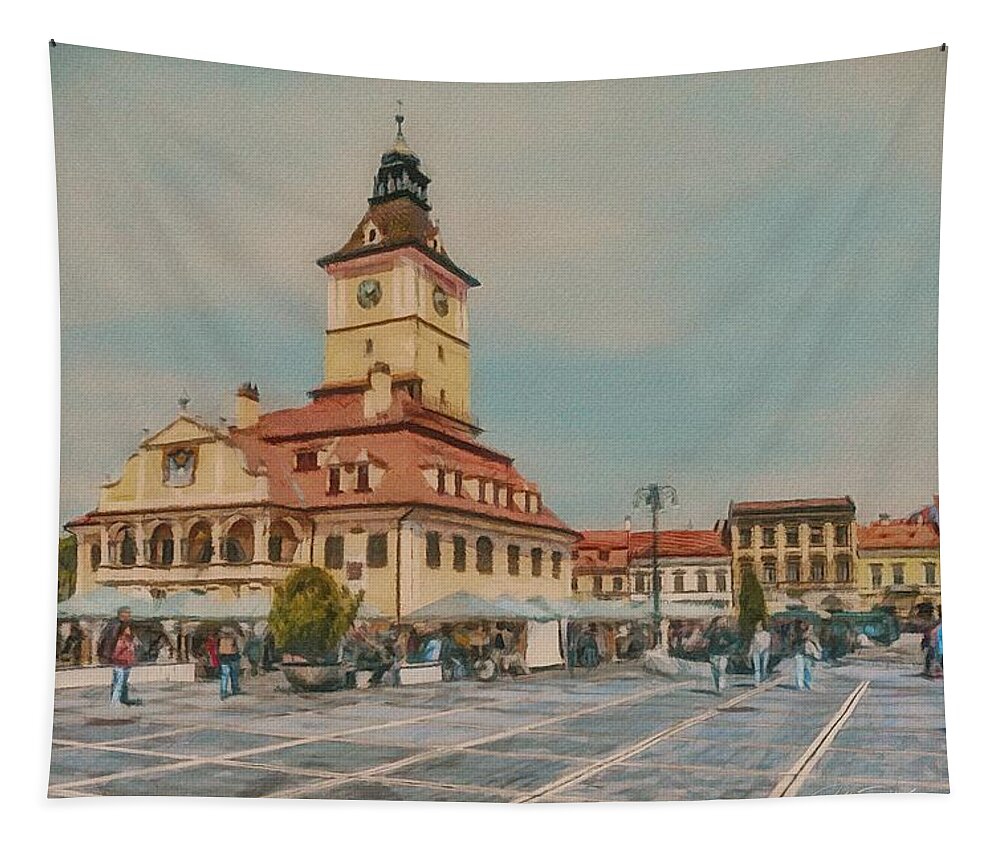 Brasov Tapestry featuring the painting Brasov Council Square 2 by Jeffrey Kolker