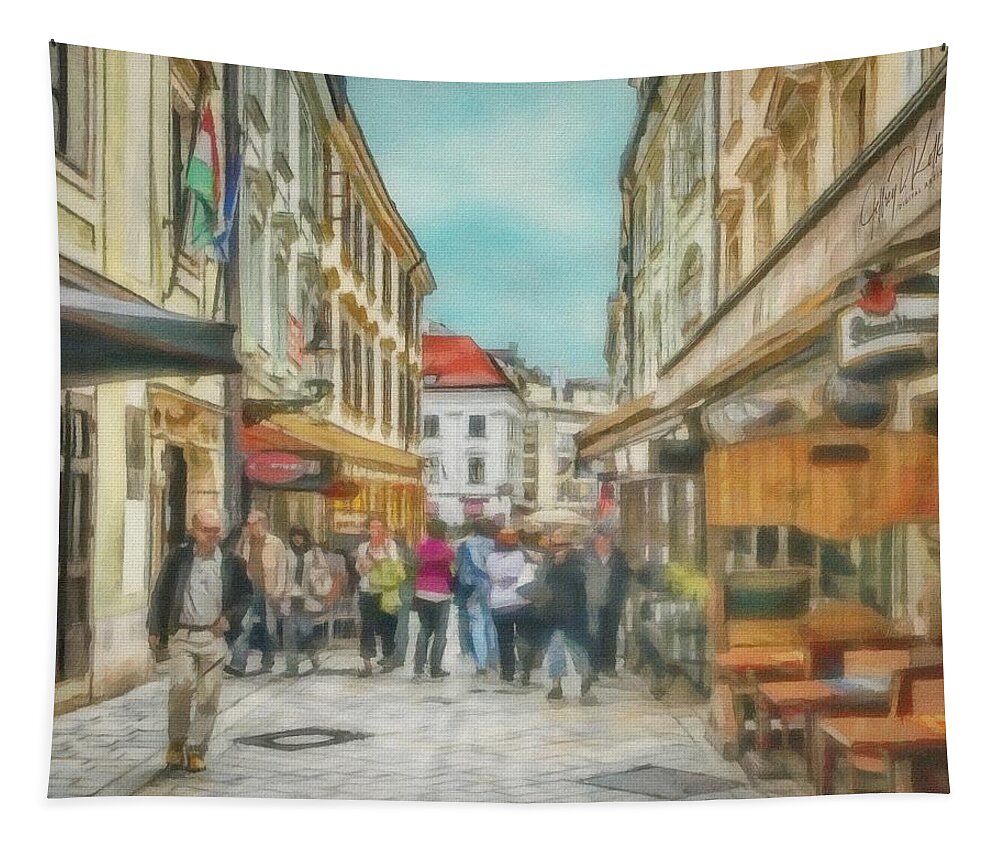 Bratislava Tapestry featuring the painting Bratislava Street Scene by Jeffrey Kolker