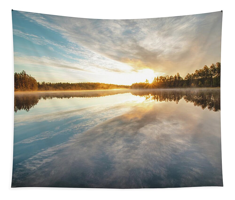Lake Jatkonjärvi Tapestry featuring the photograph Breathtaking sunrise at Lake Jatkonjarvi by Vaclav Sonnek