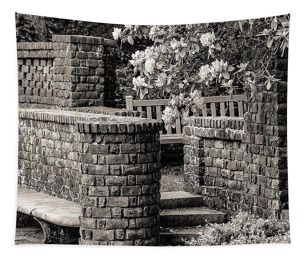 Brick Walls Bench Stairs Flowers B&w Tapestry featuring the photograph Brick Walls2 by John Linnemeyer