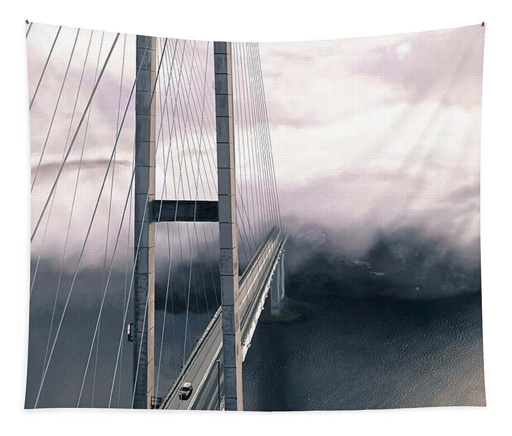 Bridge Tapestry featuring the digital art Bridge Into Fog Video Painting by David Luebbert