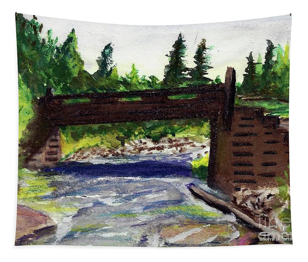 Landscape Tapestry featuring the painting Bridge on the Red Cloud Loop by Sherril Porter