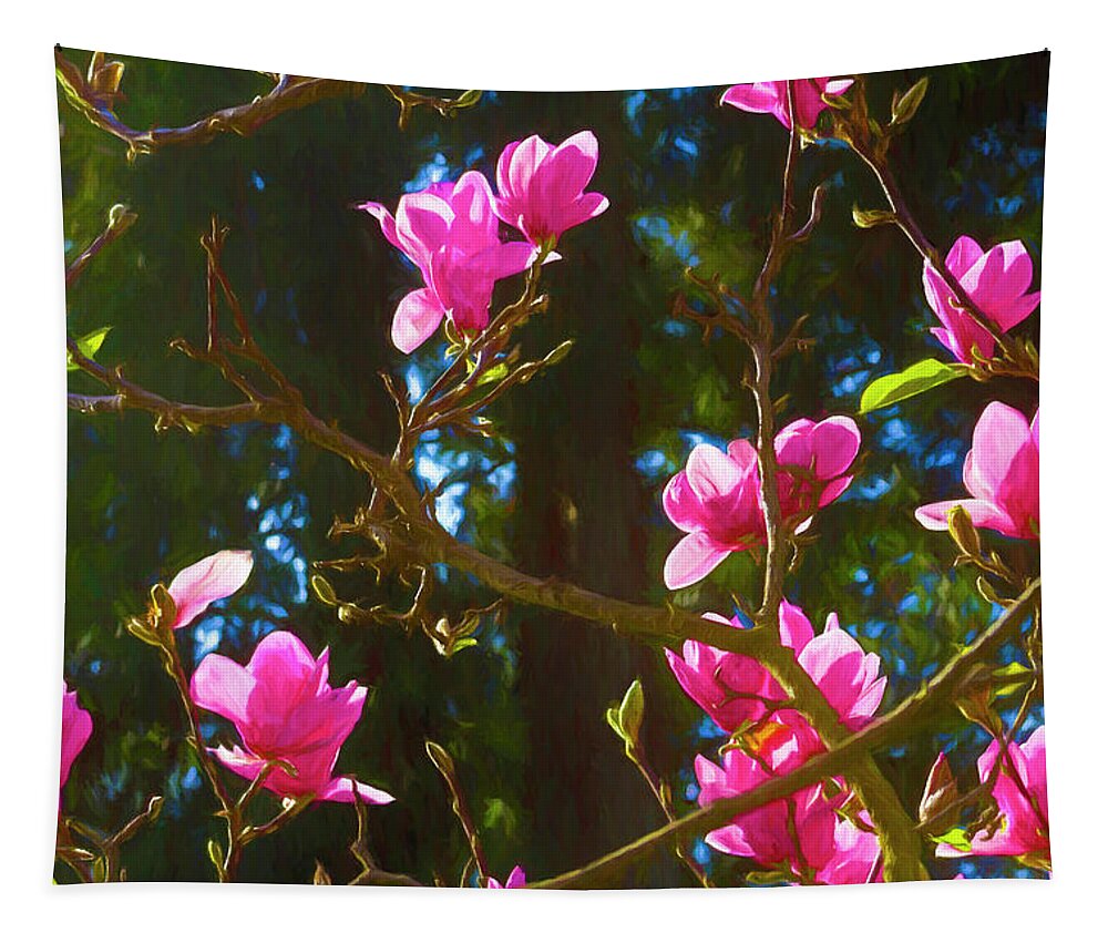 Pretty Tapestry featuring the photograph Bright Pink Magnolias Painted by Bonnie Follett