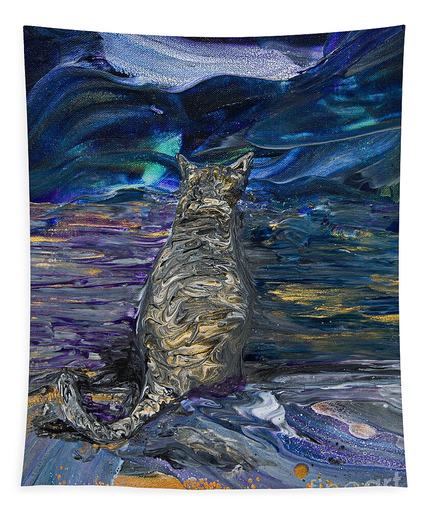 Impressionist Cat Brindle Feline Kitty Tapestry featuring the painting Brindle Feline Gazing by Priscilla Batzell Expressionist Art Studio Gallery